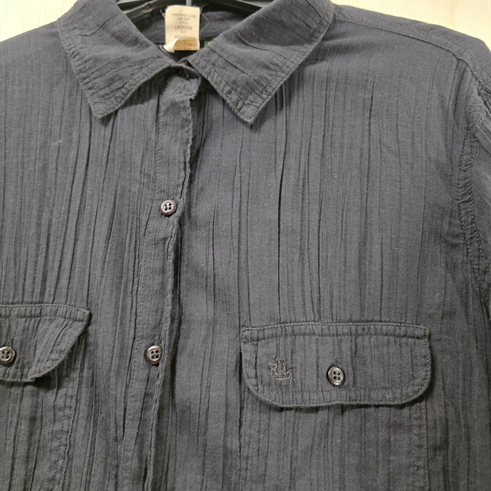 Lauren Ralph Lauren Black Cotton Gauze Roll Tab Beach Cover Up Shirt Medium - Picture 8 of 15